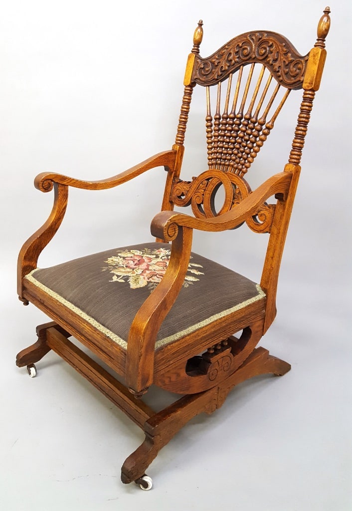 Circa 1900 Unique Carved Oak Platform Rocker - Very good original condition.  Hgt 41" w 22" d 26". (1 of 2)