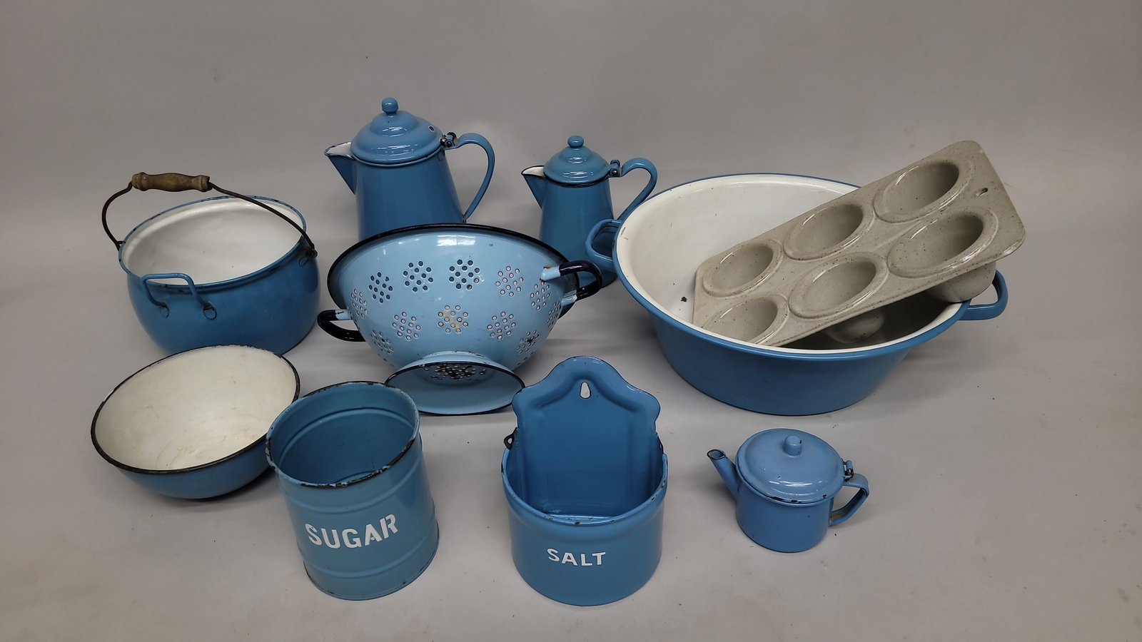 Circa 1920's Ten Pieces of Blue Enamel cookware & kitchen item 2 tea pots, strainer, sugar & salt , (1 of 2)
