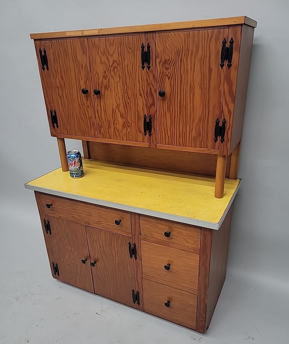 Hand made wooden child's cupboard with yellow linoleum counter top & metal edge. Probably made in (1 of 4)