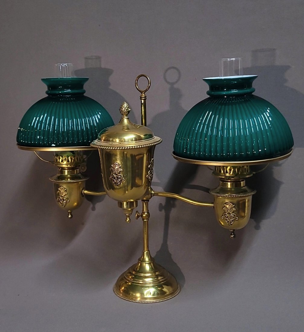 Circa 1880's Brass Double Student Oil Lamp w/Green  Shades (1 of 7)