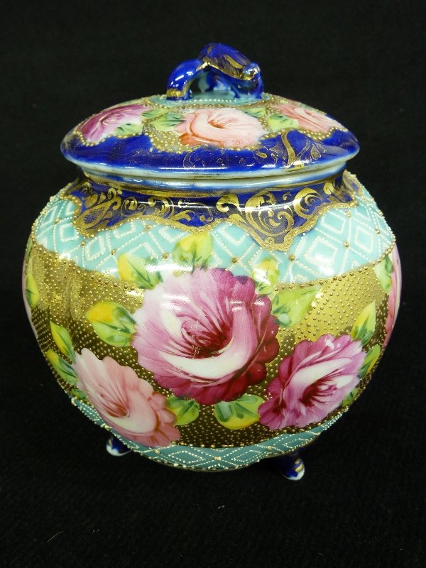 Very Nice Unsigned Nippon Floral Decorated Round Cov: Very Nice Unsigned Nippon Floral Decorated Round Covered Container on Feet - Hgt 7" Dia. 6" Circa 1900 - good condition