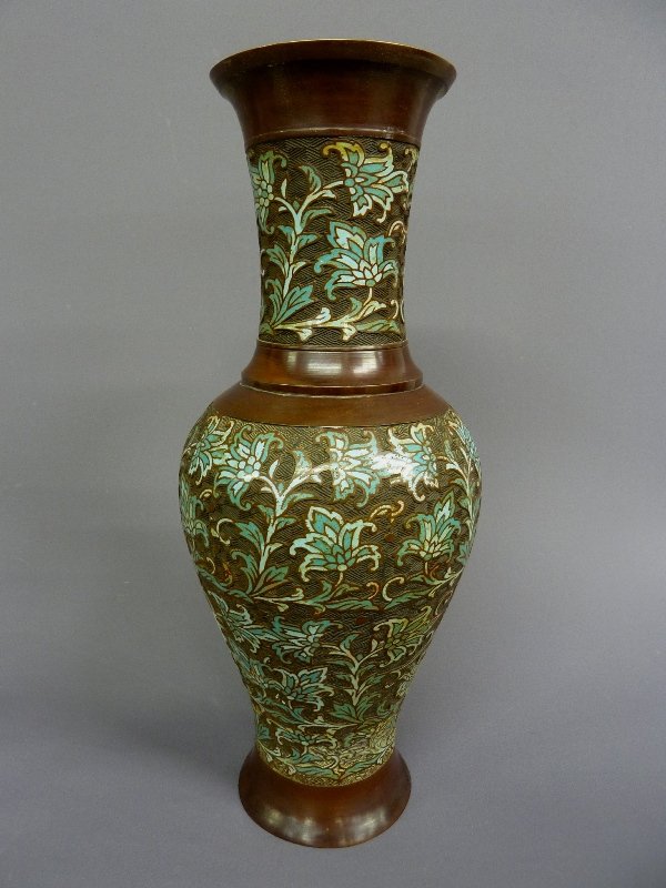 19th/Early 20th Century ANTIQUE CHINESE CHAMPLEVE B: 19th/Early 20th Century ANTIQUE CHINESE CHAMPLEVE BRONZE VASE with ENAMEL DECORATION - height 20" dia. 8" -good condition