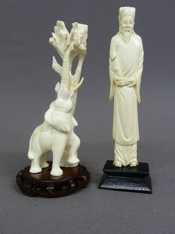2 IVORYS ONE OF ELEPHANT REACHING FOR FOOD, 5.75": 2 IVORYS ONE OF ELEPHANT REACHING FOR FOOD, 5.75" H,6.25"on base, ONE OF CHINESE MAN HOLDING SCROLL, 6" H 7" H with base - good condition