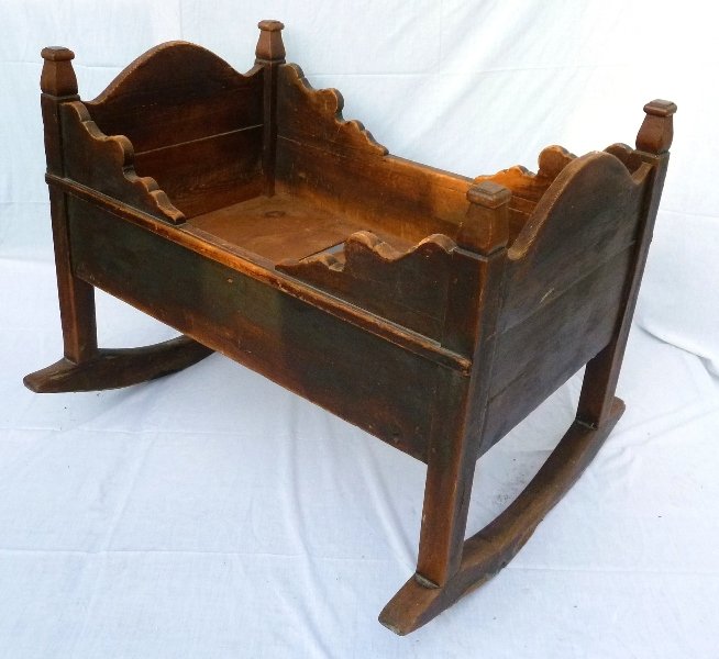 Great Hand Made 1850's Original Finish Pine Norweg: Great Hand Made 1850's Original Finish Pine Norwegian Immigrant Cradle with pegged construction from Crocus Hill home, St Paul MN. - length 35" height 29" depth 22" - good old condition