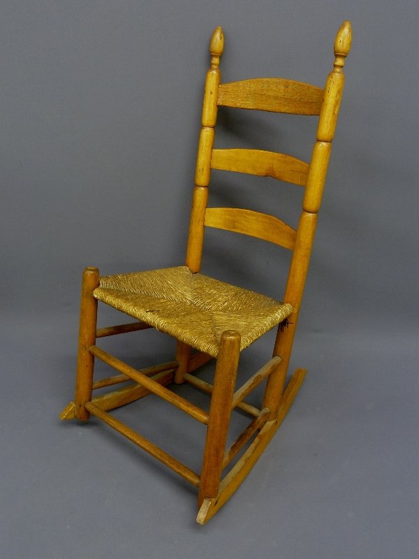 Early 19th Century American Ladder Back Hand Made: Early 19th Century American Ladder Back Hand Made Wood Pegged Rush Seat Rocker - H 39" W 19" - good condition