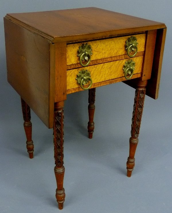AMERICAN 1840'S CLASSICAL CHERRY & BIRD'S EYE MAPL: AMERICAN 1840'S CLASSICAL CHERRY & BIRD'S EYE MAPLE WORK TABLE with 1840's brass hardware - height 29" width 18" depth 18" - good old finish and condition