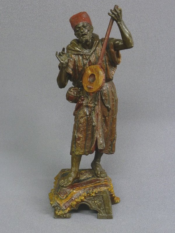 CAST PAINT DECORATED SPELTER ARABIAN MUSICIAN 19th: CAST PAINT DECORATED SPELTER ARABIAN MUSICIAN 19th C. with original paint, H 21 1/2" - good condition