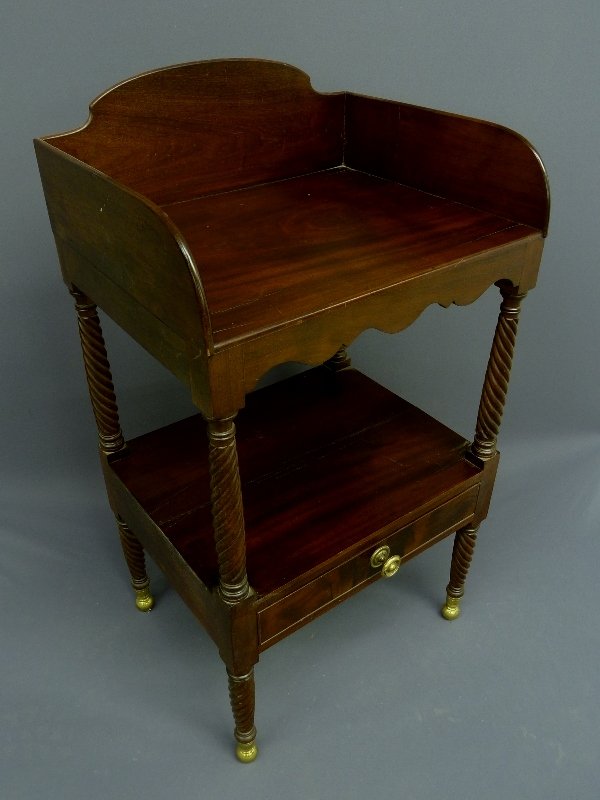 1830'S PERIOD SHERATON TWO TIER OLD GROWTH MAHOGAN: 1830'S PERIOD SHERATON TWO TIER OLD GROWTH MAHOGANY WASHSTAND W/BRASS FEET, Hand Made Dovetails and Hand Planed Wood - Circa 1820 - very good condition for age