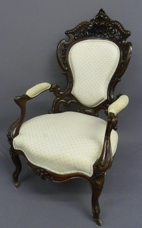 1850's LAMINATED ROSEWOOD ARMCHAIR by J & JW MEEKS: 1850's LAMINATED ROSEWOOD ARMCHAIR by J & JW MEEKS New York City (Stanton Hall Pattern) - height 45" width 25" depth 32" - good original finish and condition - page 99 Dubrow, American Furniture of th