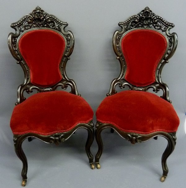 Pair of 1850's LAMINATED ROSEWOOD CHAIRS by J & JW: Pair of 1850's LAMINATED ROSEWOOD CHAIRS by J & JW MEEKS New York City (Stanton Hall Pattern) - height 40" width 19" depth 25" - good original finish and condition- page 100 Dubrow, American Furniture