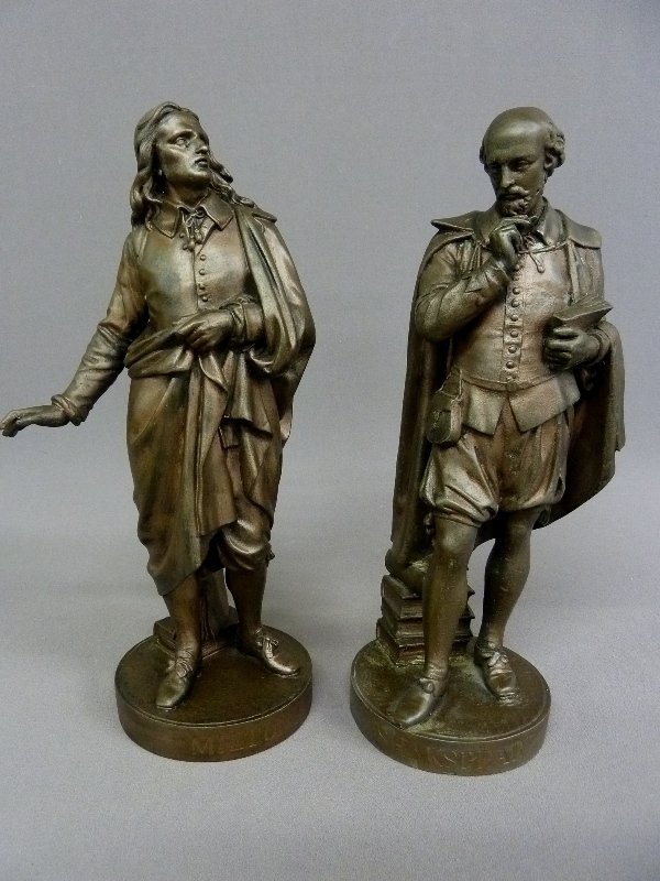 TWO 19th Century PATINATED METAL FIGURES OF SHAKES: TWO 19th Century PATINATED METAL FIGURES OF SHAKESPEARE AND MILTON with Books at their feet -both figures marked with their names, height 16.5" dia. 5.75" - good original condition