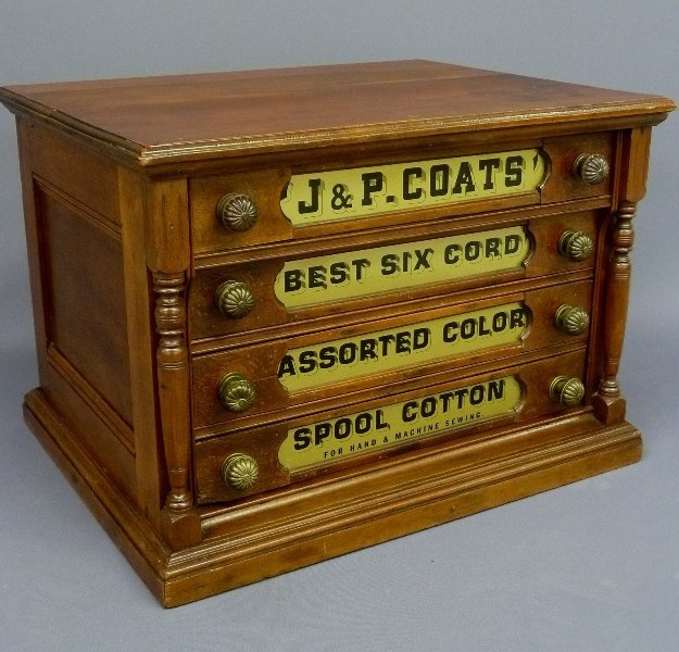 Signed JP COATS 4 DRAWER CHERRY SPOOL CABINET with: Signed JP COATS 4 DRAWER CHERRY SPOOL CABINET with GREAT Original Spool Ad on Back - height 15.5" width 22" depth 17.5" - good condtion