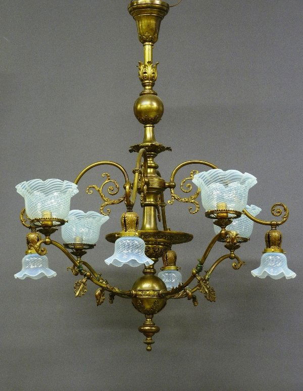 ORNATE BRASS 8 ARM GAS & ELEC CHANDLIER with ANTIQ: ORNATE BRASS 8 ARM GAS & ELEC CHANDLIER with ANTIQUE OPALESCENT SHADES FROM MISSISSIPPI PLANTATION - height 42" width 36"- Circa 1890 - rewired ready to go - great condition