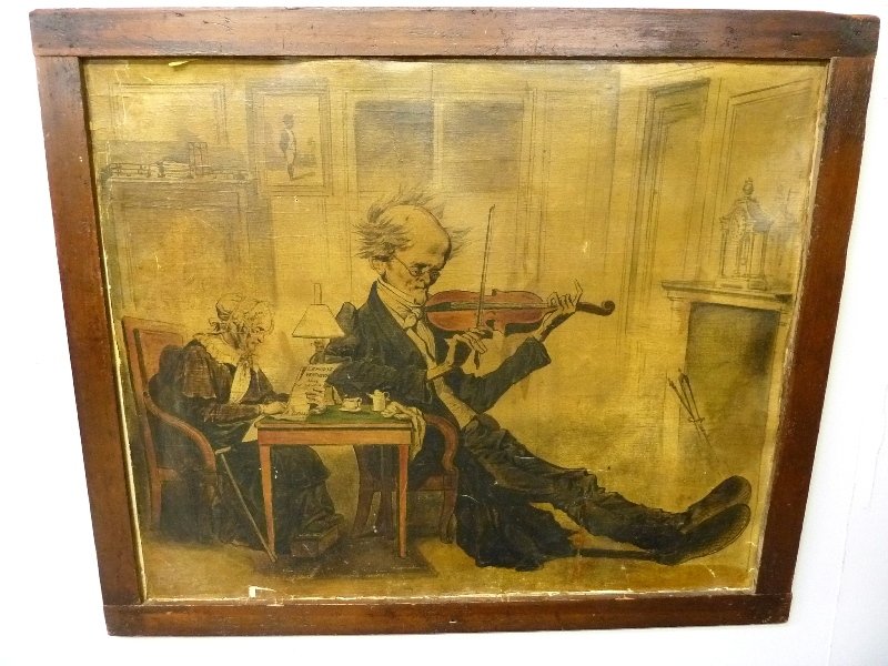 OIL PAINTING ON LINEN OF FRENCH HOMESTEAD SCENE wi: OIL PAINTING ON LINEN OF FRENCH HOMESTEAD SCENE with Wife Reading ( A Virtuous Wife Without Knowing by A. Dumas) with Oversize Husband Playing Violin - height 27" width 34" - Early 19th Century - as f