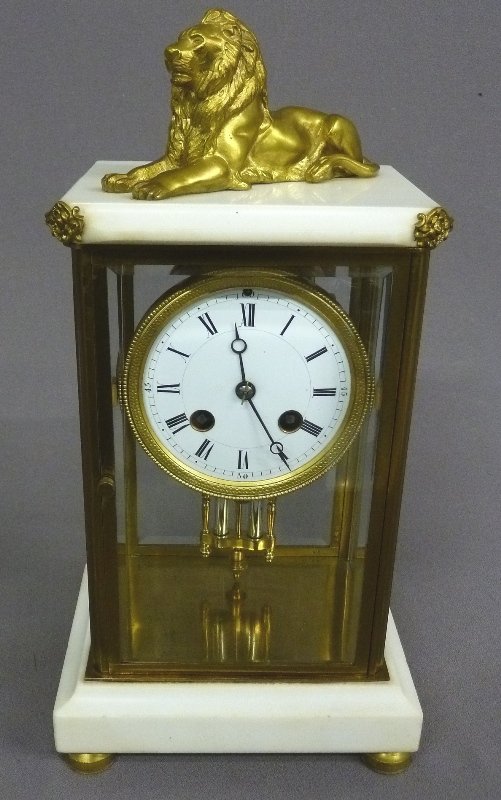 Marble and Brass Crystal French Regulator Shelf Cl: Marble and Brass Crystal French Regulator Shelf Clock signed Japy Freres with Brass Lion on the Top, height 13" width 7" depth 5" - key is there