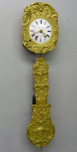 18th/early 19th Century French Morbier Pendulum Wa: 18th/early 19th Century French Morbier Pendulum Wall Clock with Time & Strike signed (Cepouilly Au Crevsot - Hgt 60" W 14" - metal had some damage
