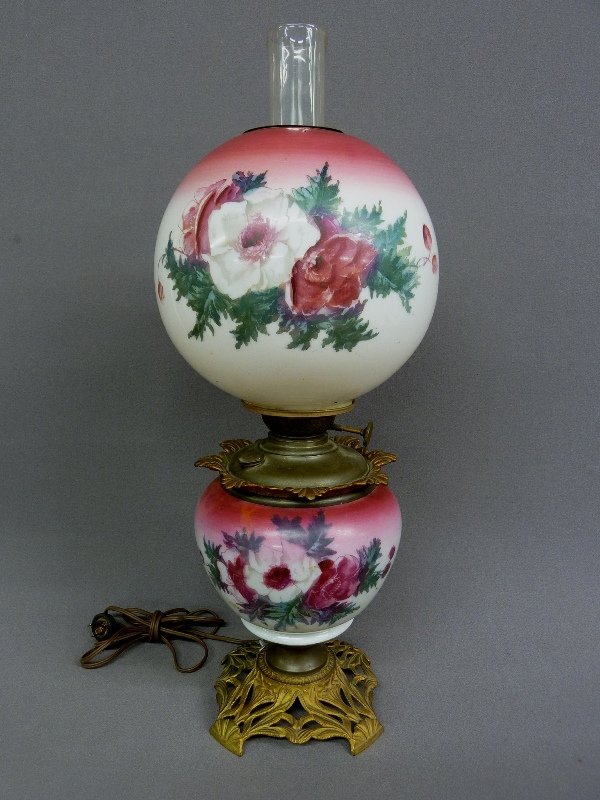 Circa 1890 ANTIQUE OIL GONE WITH THE WIND LAMP wit: Circa 1890 ANTIQUE OIL GONE WITH THE WIND LAMP with Good Foral Hand Painted Décor - signed (SUCCESS)- now electrified , height 26" dia. 9", good condition