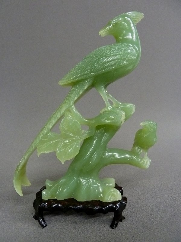 Large 13" Carved Green Jade Large Bird ands Smaller Bir: Large 13" Carved Green Jade Large Bird ands Smaller Bird in Tree - height 13" " width 8.5" depth 2.75" - good condition