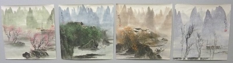 Four Chinese Hand Painted Landscape Watercolors all Sig