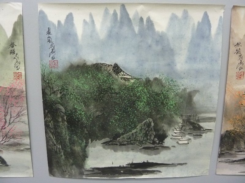 Four Chinese Hand Painted Landscape Watercolors all Sig - 3