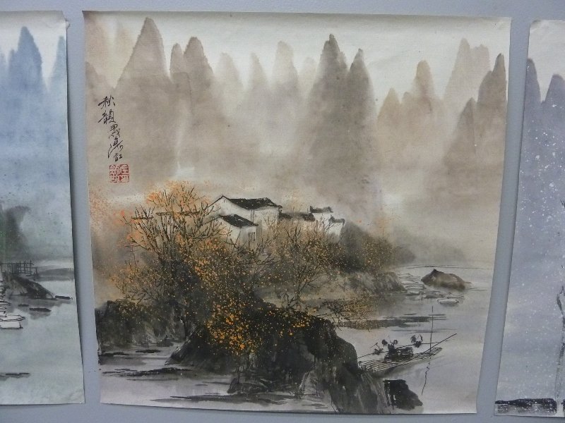 Four Chinese Hand Painted Landscape Watercolors all Sig - 4