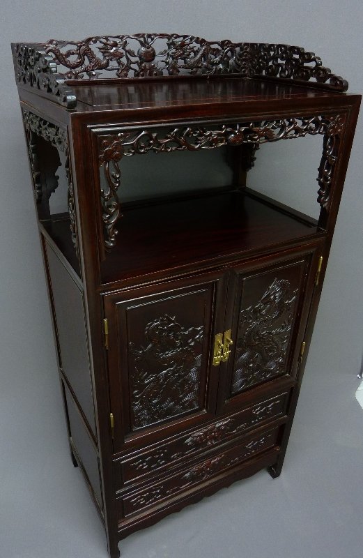 HEAVILY CARVED ASIAN WOOD CURIO CABINET with DRAGONS CA