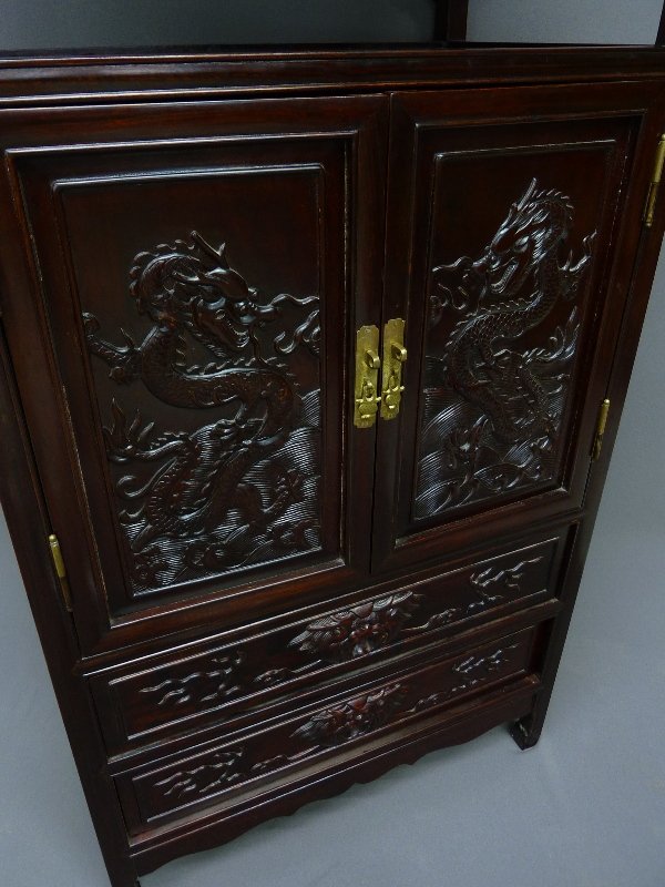 HEAVILY CARVED ASIAN WOOD CURIO CABINET with DRAGONS CA - 2