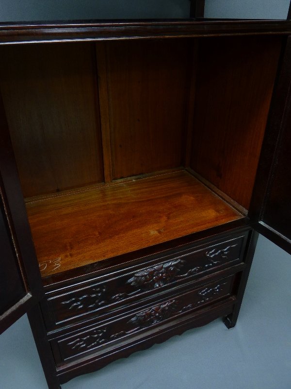 HEAVILY CARVED ASIAN WOOD CURIO CABINET with DRAGONS CA - 3