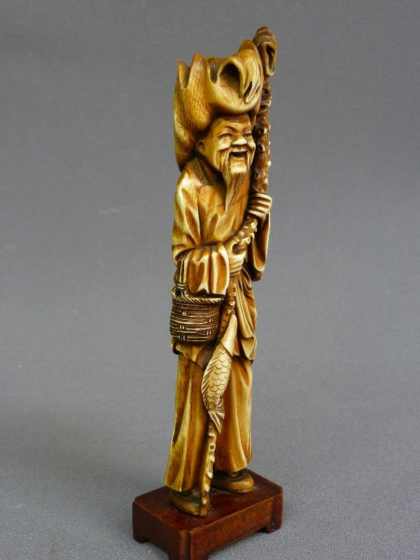 HAND CARVED 8" IVORY FIGURE OF SMILING FISHERMAN, tea s - 2