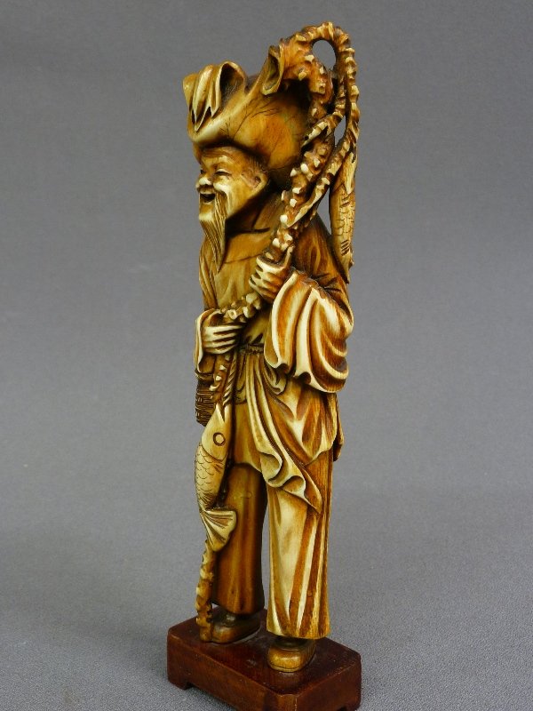 HAND CARVED 8" IVORY FIGURE OF SMILING FISHERMAN, tea s - 3
