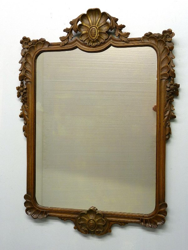 HAND CARVED WOOD FLORAL HANGING WALL MIRROR with well c: HAND CARVED WOOD FLORAL HANGING WALL MIRROR with well carved decoration - H 46" W 34" - Circa 1920's - good condition