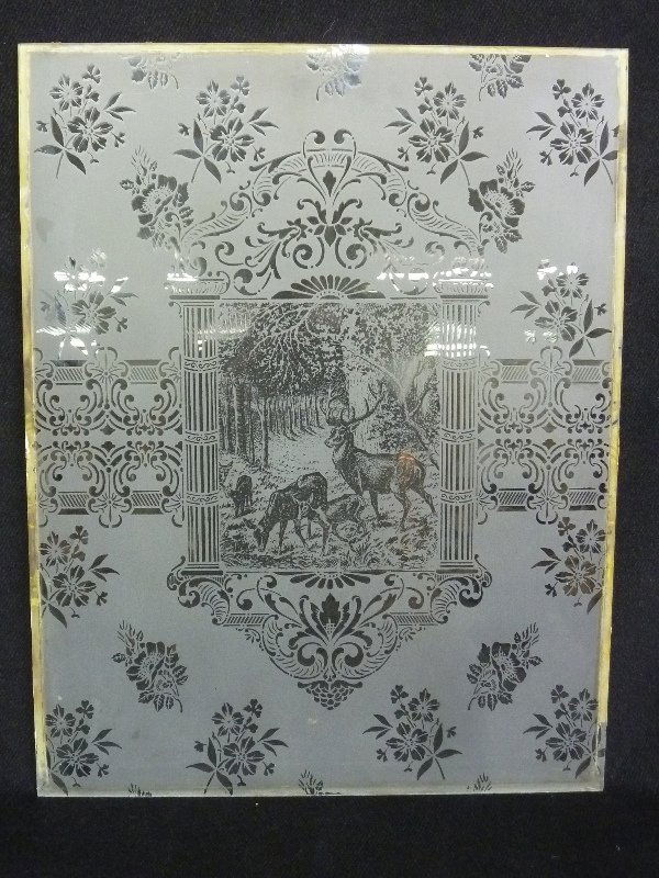 Circa 1900 ETCHED GLASS SCENIC WINDOW FROM HOUSE DOOR