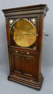 Regina Sublima Upright 20 3/4" Disk Music Box in Great : Regina Sublima Upright 20 3/4" Disk Music Box in Great Professionally Restored Working Condition with 40 Disks Stored Below - height 61" width 32.5" depth 14" - good working condition