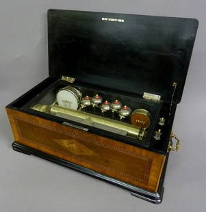 19th CENTURY BIRD and FLORAL INLAID SWISS CYLINDER MUSI: 19th CENTURY BIRD and FLORAL INLAID SWISS CYLINDER MUSIC BOX with BELLS & DRUMS, has 5 Bells and 2 drums with 16" cylinder - width of box 26" height 9 3/4" depth 13 1/2" - Professionally restored work