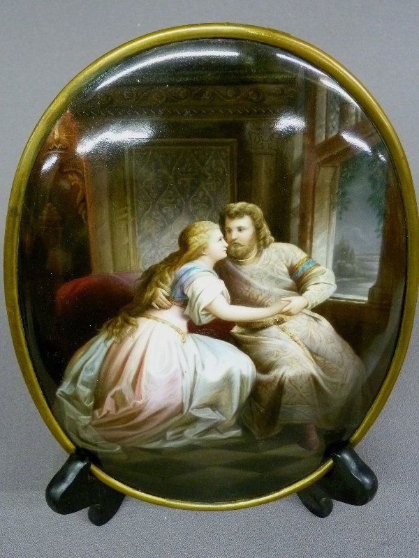 IMPRESSED (KPM) HAND PAINTED PORCELAIN PLAQUE of 19th C: IMPRESSED (KPM) HAND PAINTED PORCELAIN PLAQUE of 19th Century Couple embracing by the window - height 9" width 6.75" - great condition - signed on the back - found in Sparta Wisconsin