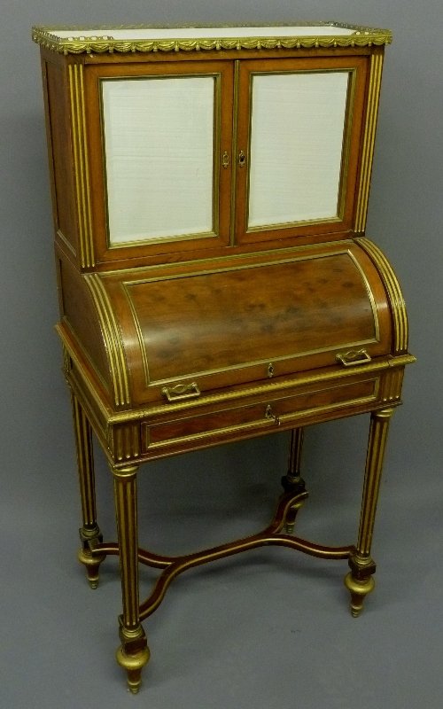 19th Century Signed Rosewood Quality French Cylinder Ro: 19th Century Signed Rosewood Quality French Cylinder Rolltop Writing Desk with Bronze Ormolu Castings and Marble top.Lots of bronze around doors, on feet , on curved section at base. Bevel Glass Mirro
