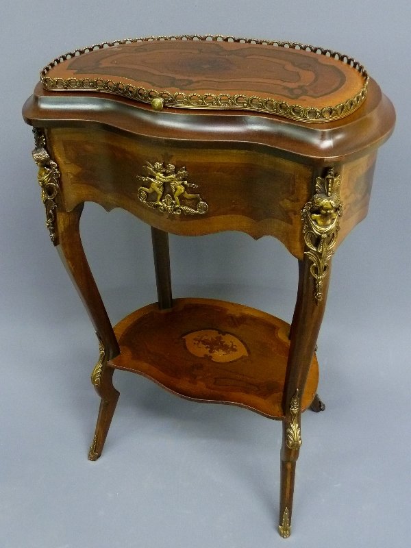 Circa 1920's French Inlaid Bronze Ormolu Decorated Lift: Circa 1920's French Inlaid Bronze Ormolu Decorated Lift Topo Stand with Cupids - height 31" width 20" depth 13.5" - from Home in Savage MN. - good condition