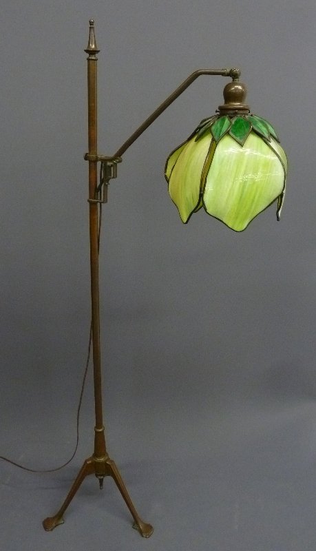 Signed (HANDEL) Bronze Floor Lamp with Rich Brown Patin: Signed (HANDEL) Bronze Floor Lamp with Rich Brown Patina and Unique Slag Glass Antique Shade - height 60" width at base 17" at the top 19" - adjusts up and down on the pole - good condition