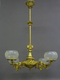 1850's Cornelius & Co. Brass 4 Arm Gas Chandelier with 