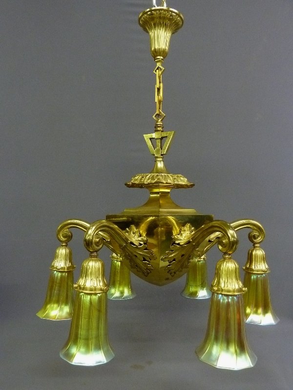 A Quality Solid Brass C 1910 6 Arm Electric Chandelier: A Quality Solid Brass Circa 1910 Six Arm Electric Chandelier with Newer Art Glass Shades from and old Los Angeles Hotel - height 34" width 26" - all rewired ready to go condition - next lot came with 