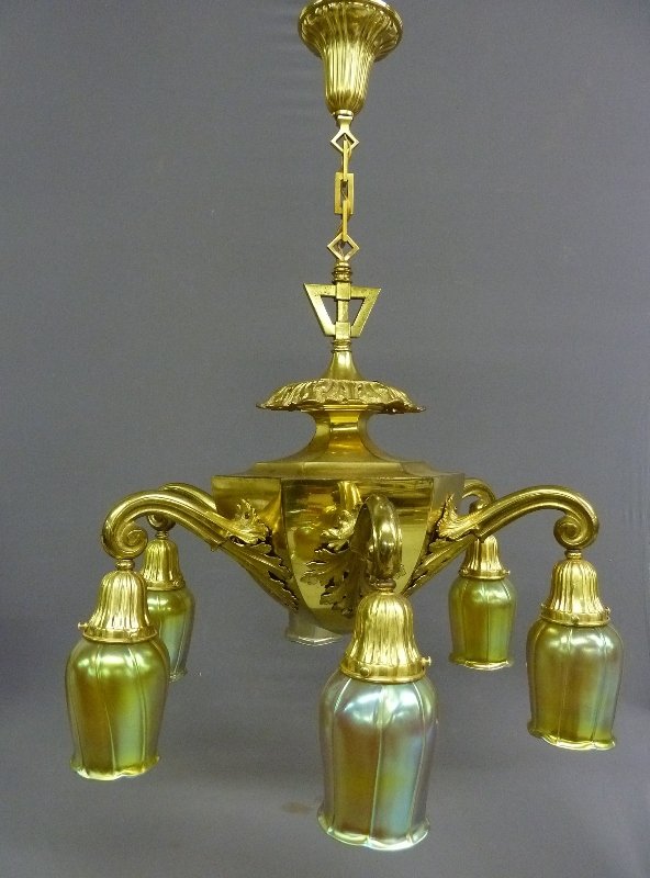 A Quality Solid Brass C 1910 6 Arm Electric Chandelier: A Quality Solid Brass Circa 1910 Six Arm Electric Chandelier with Newer Art Glass Shades from and old Los Angeles Hotel - height 34" width 26" - all rewired ready to go condition - the last lot came w