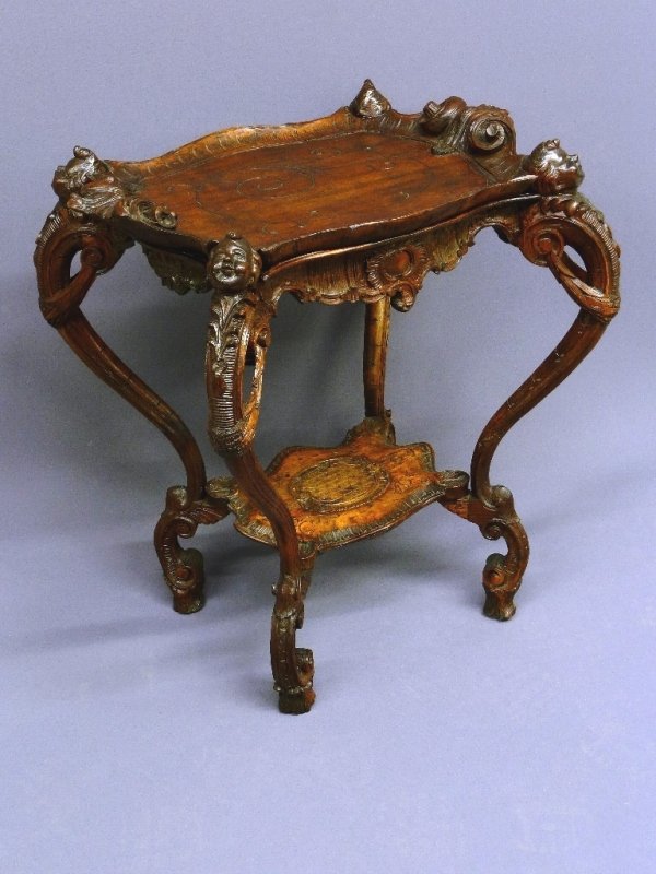 19th Century Italian Walnut Rococo Carved Table with Li: 19th Century Italian Walnut Rococo Carved Table with Lift Off Tray and Child Heads on Legs - Hgt. 28" W 23" D 21" - good condition