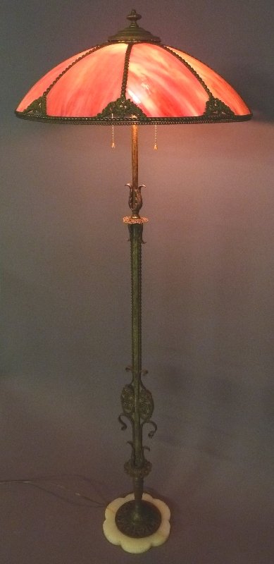 Antique 1920 S 8 Panel Slag Glass Floor Lamp With Ornat