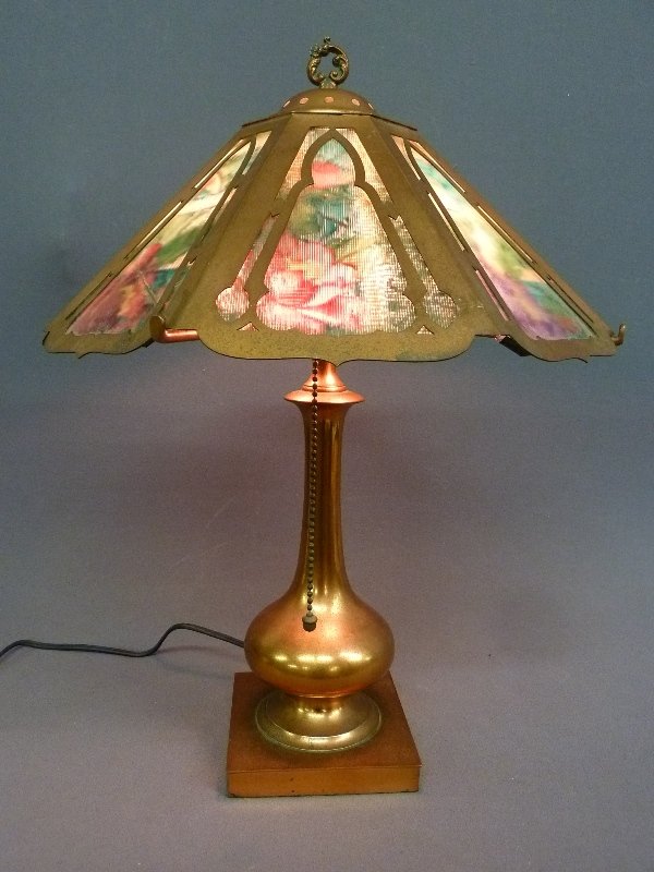 Circa 1920's Signed "PAIRPOINT "Antique Copper Reverse : Circa 1920's Signed "PAIRPOINT "Antique Copper Reverse Paint Panels Table Lamp - signed shade and base - height 19" dia. - all metal is great condition - of the 8 glass panels 6 are cracked - 2 are go