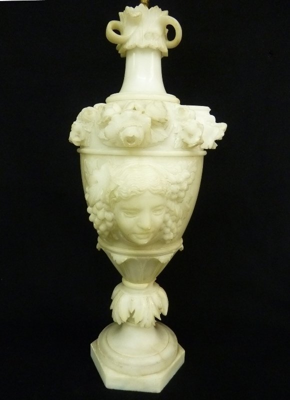 Italian Carved Alabaster Lamp, Ca. 1900, Based On A Fo: Italian Carved Alabaster Lamp, ca. 1900, based on a fountain after the Antique, with a Bacchanalian masque on the façade and a lion's head "spout" on one side, base, height of just alabaster 28-1/2",