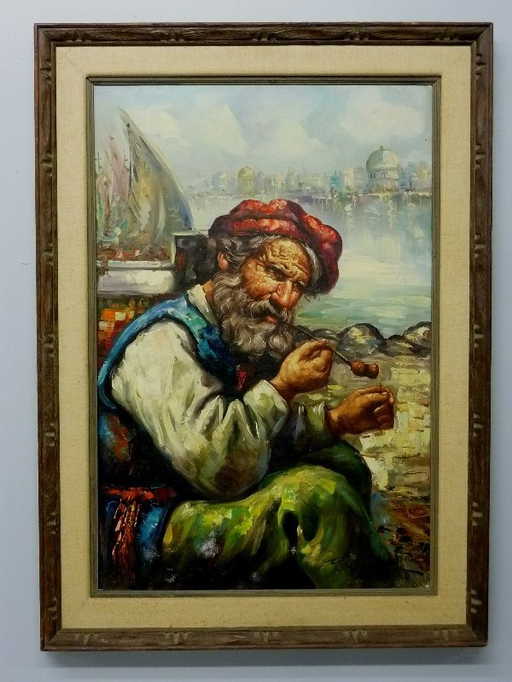 Large Oil Painting on Canvas of Old Man Smoking Pipe Si