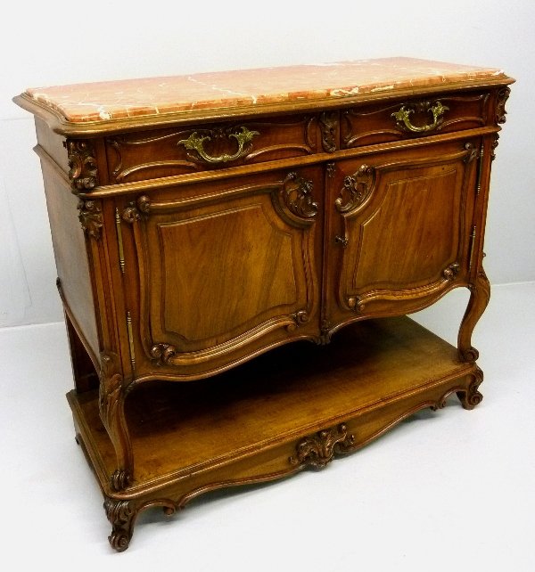 19th CENTURY FRENCH MARBLE TOP SERVER in Carved Walnut: 19th CENTURY FRENCH MARBLE TOP SERVER in Carved Walnut with two drawers and two doors - height 40" width 46" depth 19"-good condition