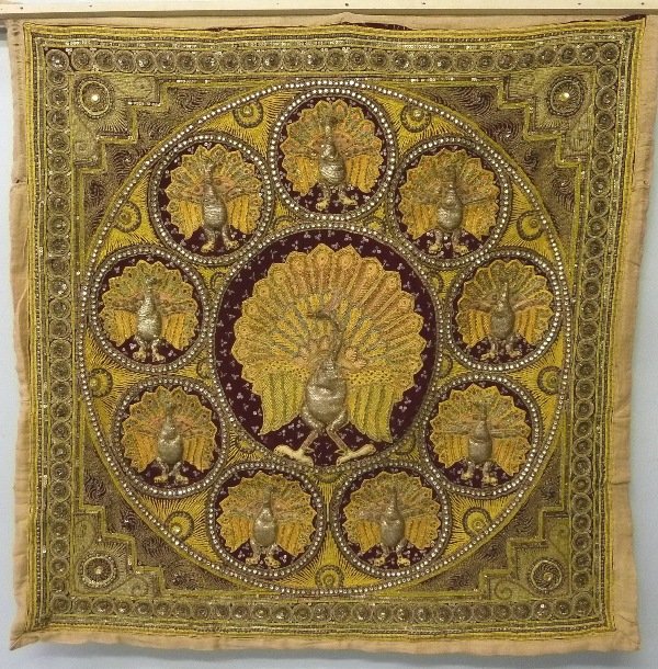 Early 20th Century Hand Made India Tapastry with Ten: Early 20th Century Hand Made India Tapastry with Ten Peacocks and Sequin Embroidery - height 40" width 40" - good condition for age - found in Cottage Grove Mn. Home.