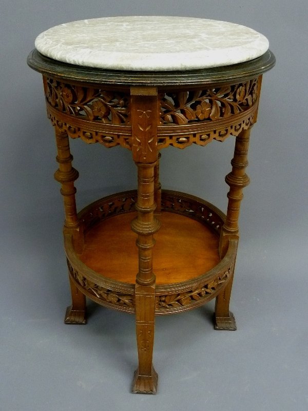 American Pierce Carved 1880's Cherry Round Marble Top: American Pierce Carved 1880's Cherry Round Marble Top Stand found in Historic John H. Knapp House Menomonie Wi. - height 30" dia. 17.5" - good condition thru out.