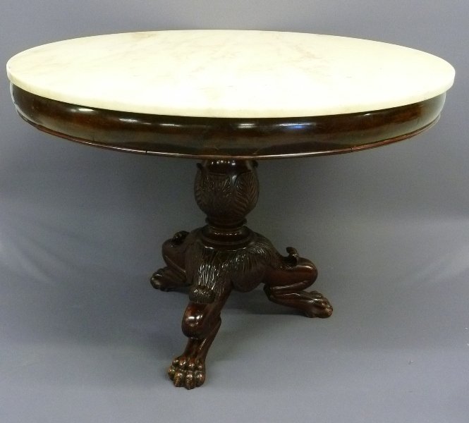 Great Mahogany Antique Marble Top Table with Carved: Great Mahogany Antique Marble Top Table with Carved Pedestal and Claw Foot Legs - Circa mid 19th Century - dia. 41" height 31" - found in Hudson WI Collection, good condition.